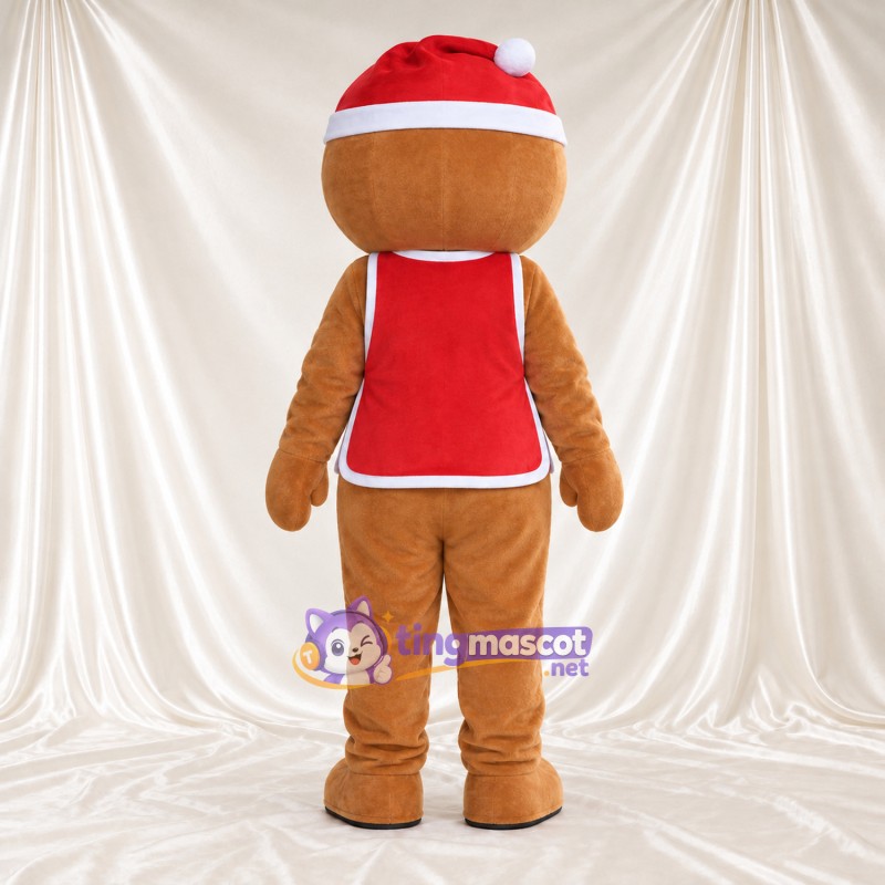 Costume de mascotte Bonhomme en pain d’épices – marron – Bonnet de Noël; Gilet (rouge) Costume de mascotte Bonhomme en pain d’épices – marron – Bonnet de Noël; Gilet (rouge)