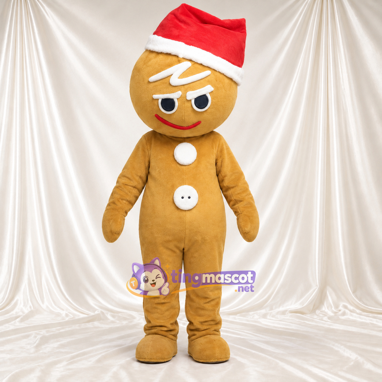 Costume de mascotte Bonhomme en pain d’épices – marron – Bonnet de Noël; Sourcils inclinés