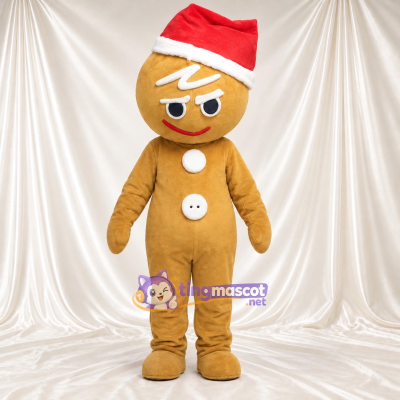 Costume de mascotte Bonhomme en pain d’épices – marron – Bonnet de Noël; Sourcils inclinés Costume de mascotte Bonhomme en pain d’épices – marron – Bonnet de Noël; Sourcils inclinés