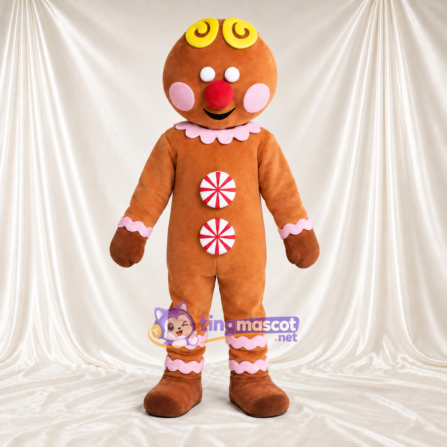 Brown Gingerbread Man Mascot Costume - Peppermint Candy Buttons and Pink Icing Trim Brown Gingerbread Man Mascot Costume - Peppermint Candy Buttons and Pink Icing Trim