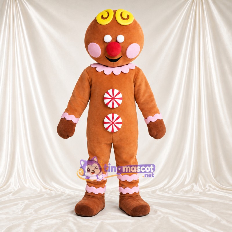 Brown Gingerbread Man Mascot Costume - Peppermint Candy Buttons and Pink Icing Trim Brown Gingerbread Man Mascot Costume - Peppermint Candy Buttons and Pink Icing Trim