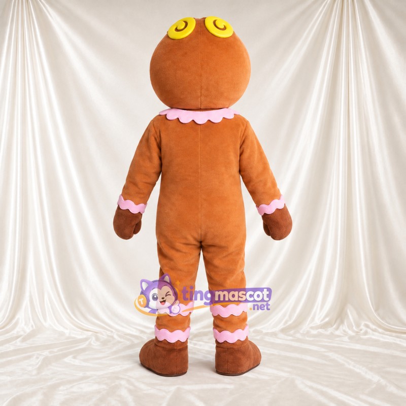 Brown Gingerbread Man Mascot Costume - Peppermint Candy Buttons and Pink Icing Trim Brown Gingerbread Man Mascot Costume - Peppermint Candy Buttons and Pink Icing Trim
