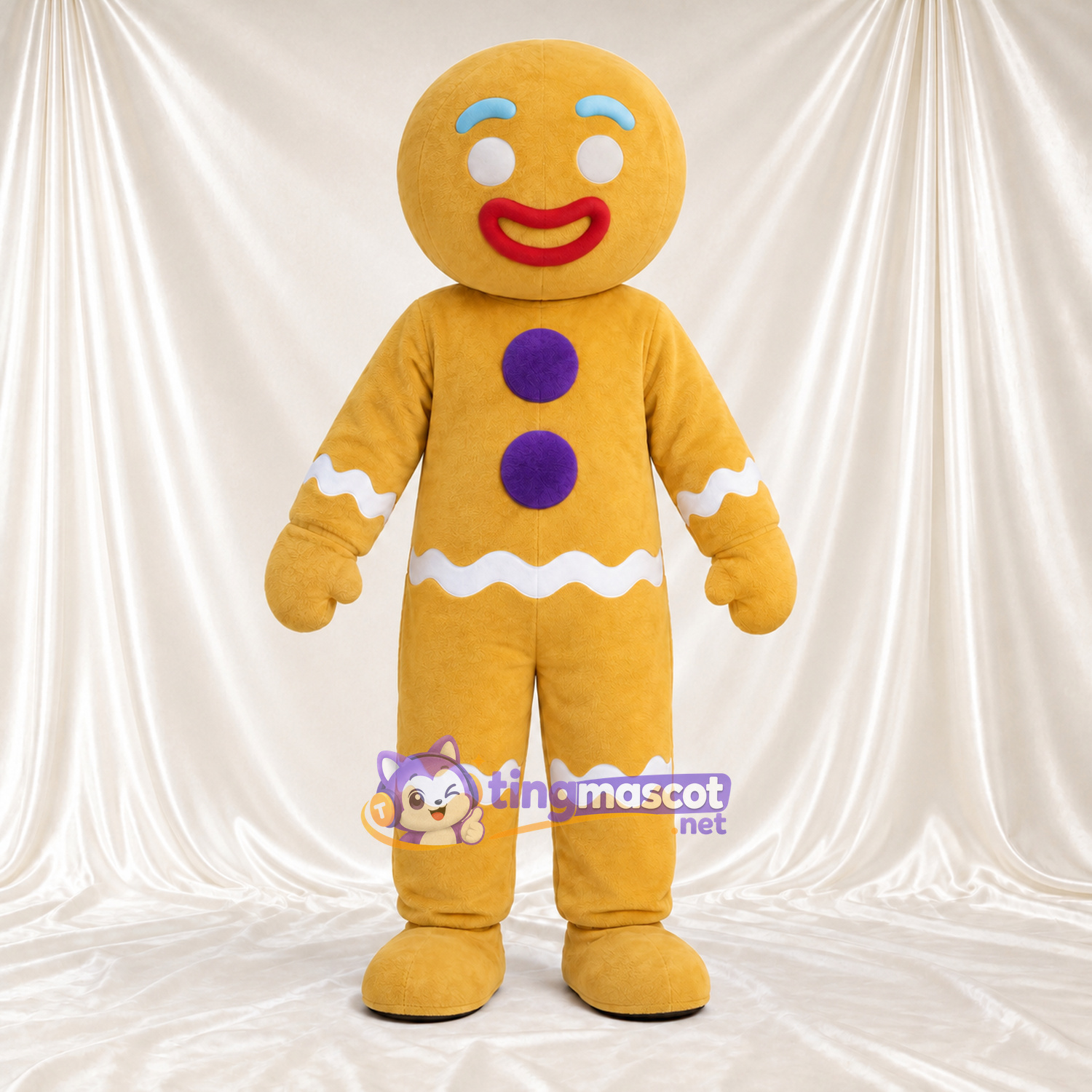 Costume de mascotte Bonhomme en pain d’épices – jaune – Boutons (violet); Décor de glaçage (blanc) Costume de mascotte Bonhomme en pain d’épices – jaune – Boutons (violet); Décor de glaçage (blanc)