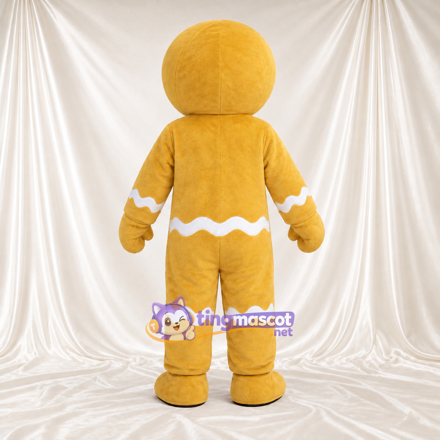 Costume de mascotte Bonhomme en pain d’épices – jaune – Boutons (violet); Décor de glaçage (blanc) Costume de mascotte Bonhomme en pain d’épices – jaune – Boutons (violet); Décor de glaçage (blanc)
