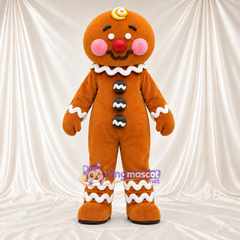 Brown Gingerbread Man Mascot Costume - Black Buttons and Yellow Forehead Swirls Brown Gingerbread Man Mascot Costume - Black Buttons and Yellow Forehead Swirls