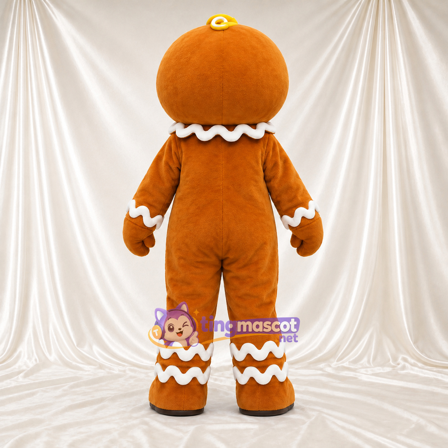 Brown Gingerbread Man Mascot Costume - Black Buttons and Yellow Forehead Swirls Brown Gingerbread Man Mascot Costume - Black Buttons and Yellow Forehead Swirls
