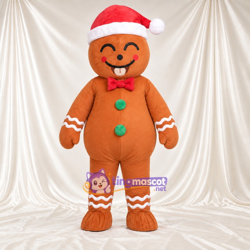 Costume de mascotte Bonhomme en pain d’épices – marron – Bonnet de Noël; Boutons (vert) Costume de mascotte Bonhomme en pain d’épices – marron – Bonnet de Noël; Boutons (vert)