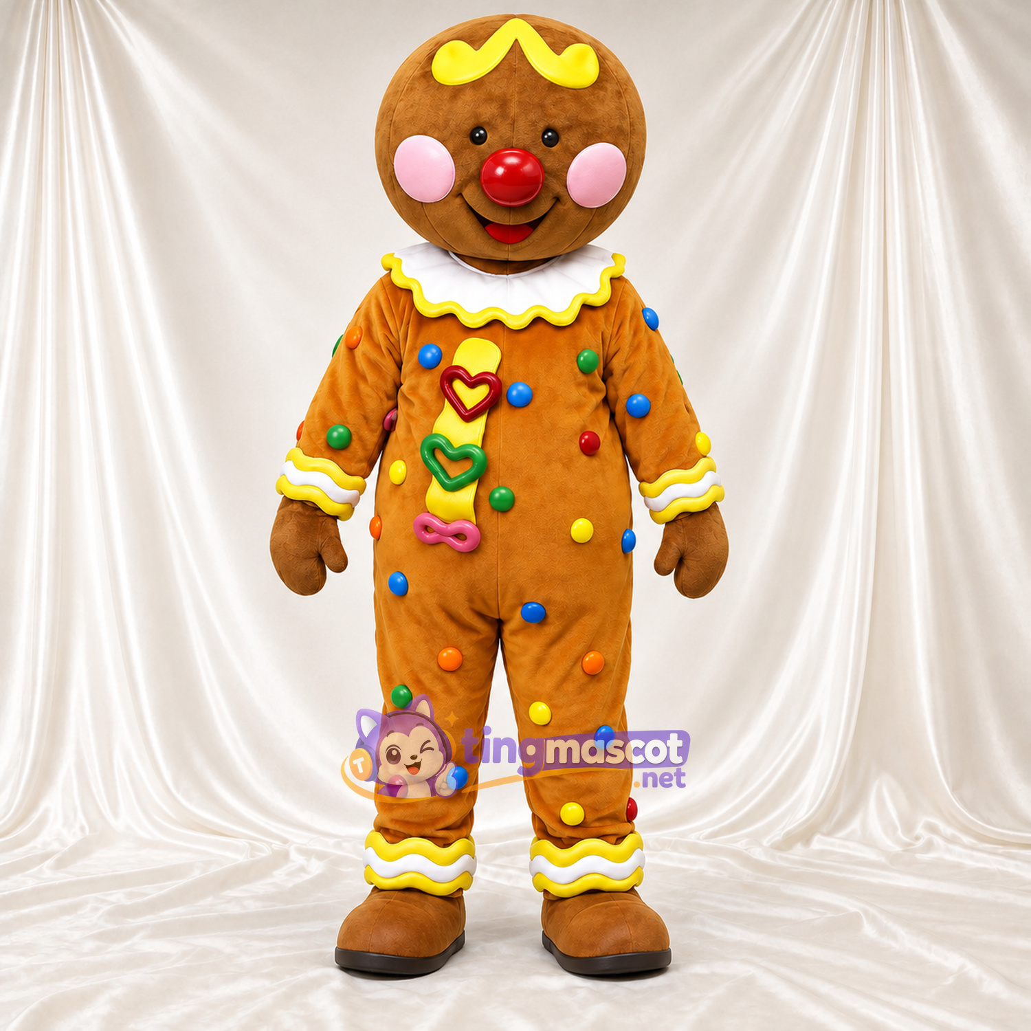 Maskottchenkostüm Lebkuchenmann – braun – Bonbon-Dekor (mehrfarbig) Maskottchenkostüm Lebkuchenmann – braun – Bonbon-Dekor (mehrfarbig)