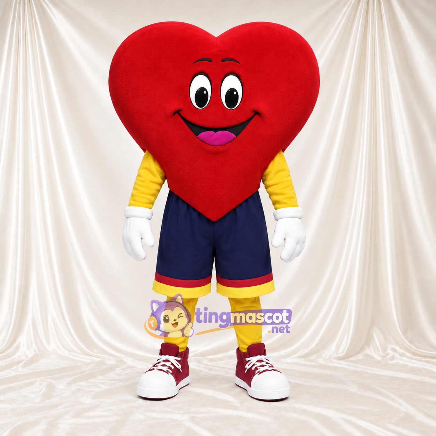 Costume de mascotte Cœur – rouge – Chemise (jaune); Short (bleu marine) Costume de mascotte Cœur – rouge – Chemise (jaune); Short (bleu marine)