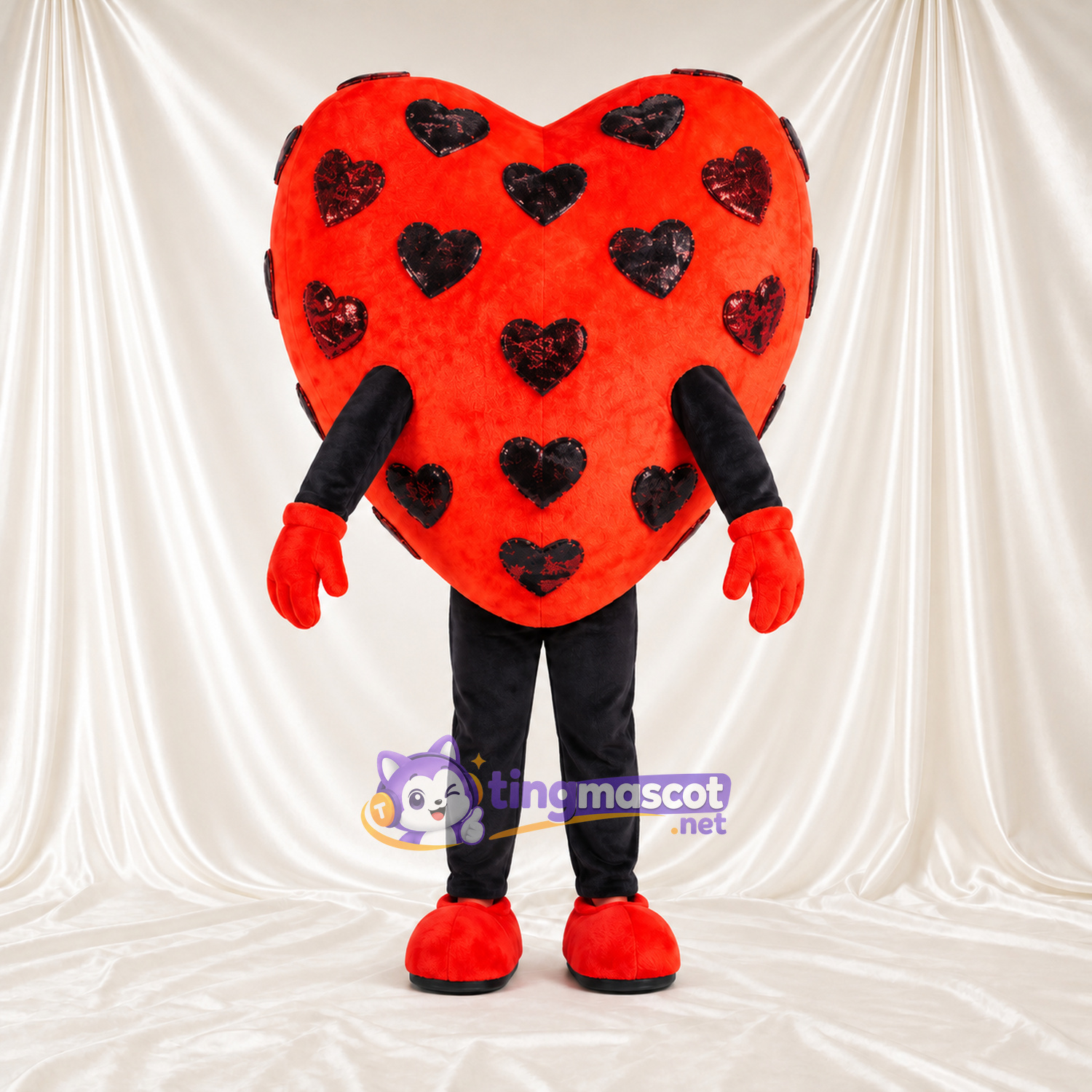 Costume de mascotte Cœur – orange – Motif de cœurs (noir)