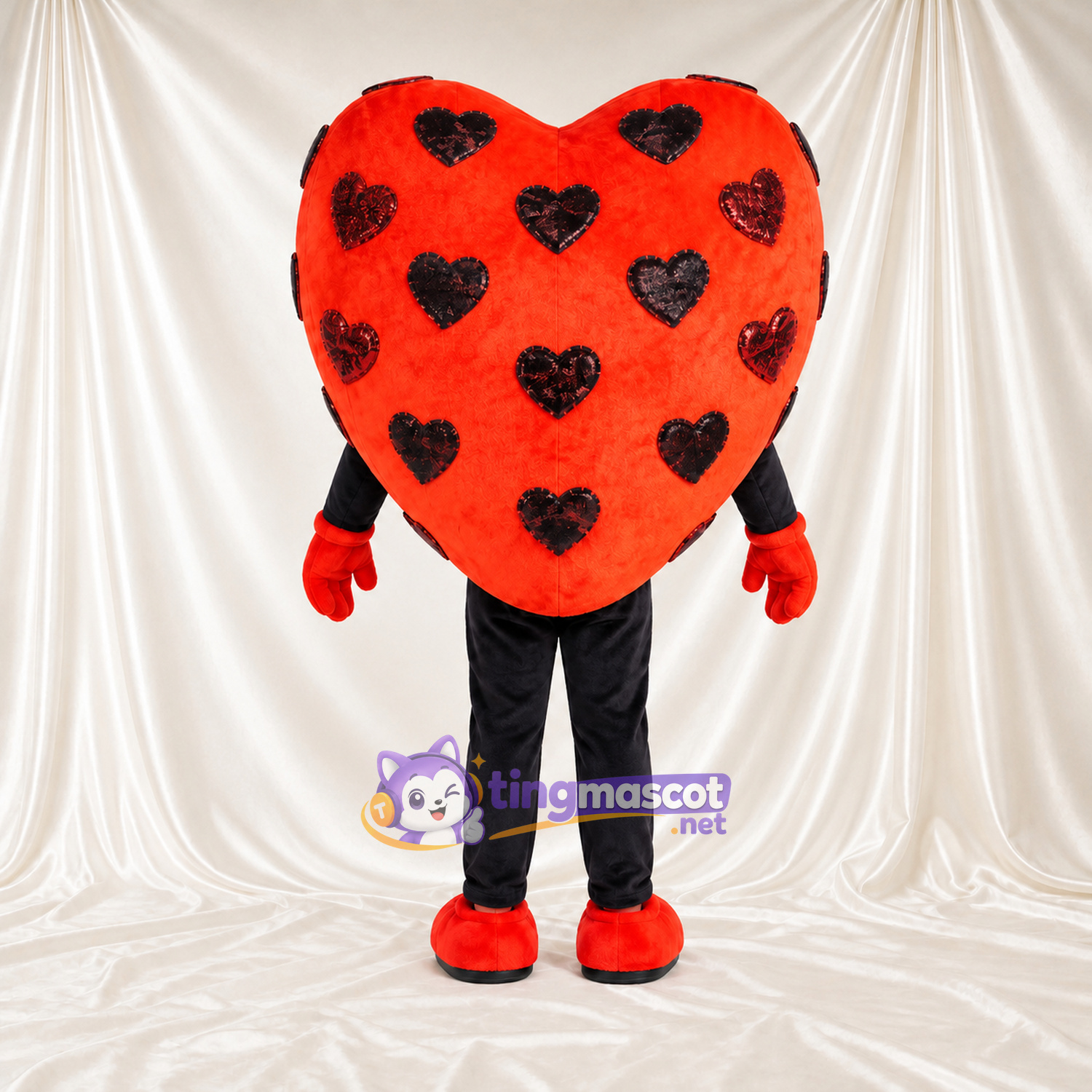Costume de mascotte Cœur – orange – Motif de cœurs (noir)