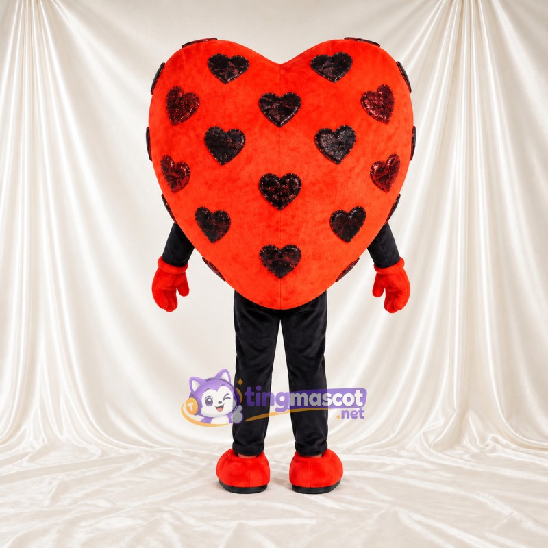 Costume de mascotte Cœur – orange – Motif de cœurs (noir)