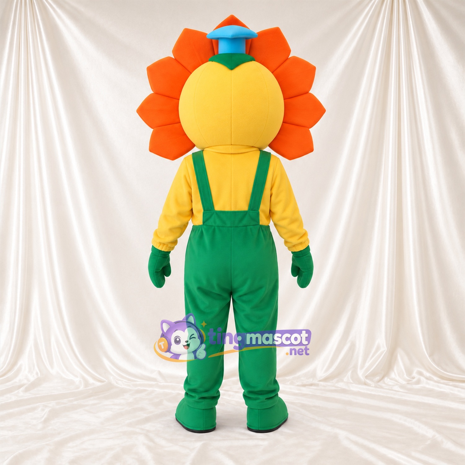 Maskottchenkostüm Sonnenblume – orange / gelb – Latzhose (grün) Maskottchenkostüm Sonnenblume – orange / gelb – Latzhose (grün)