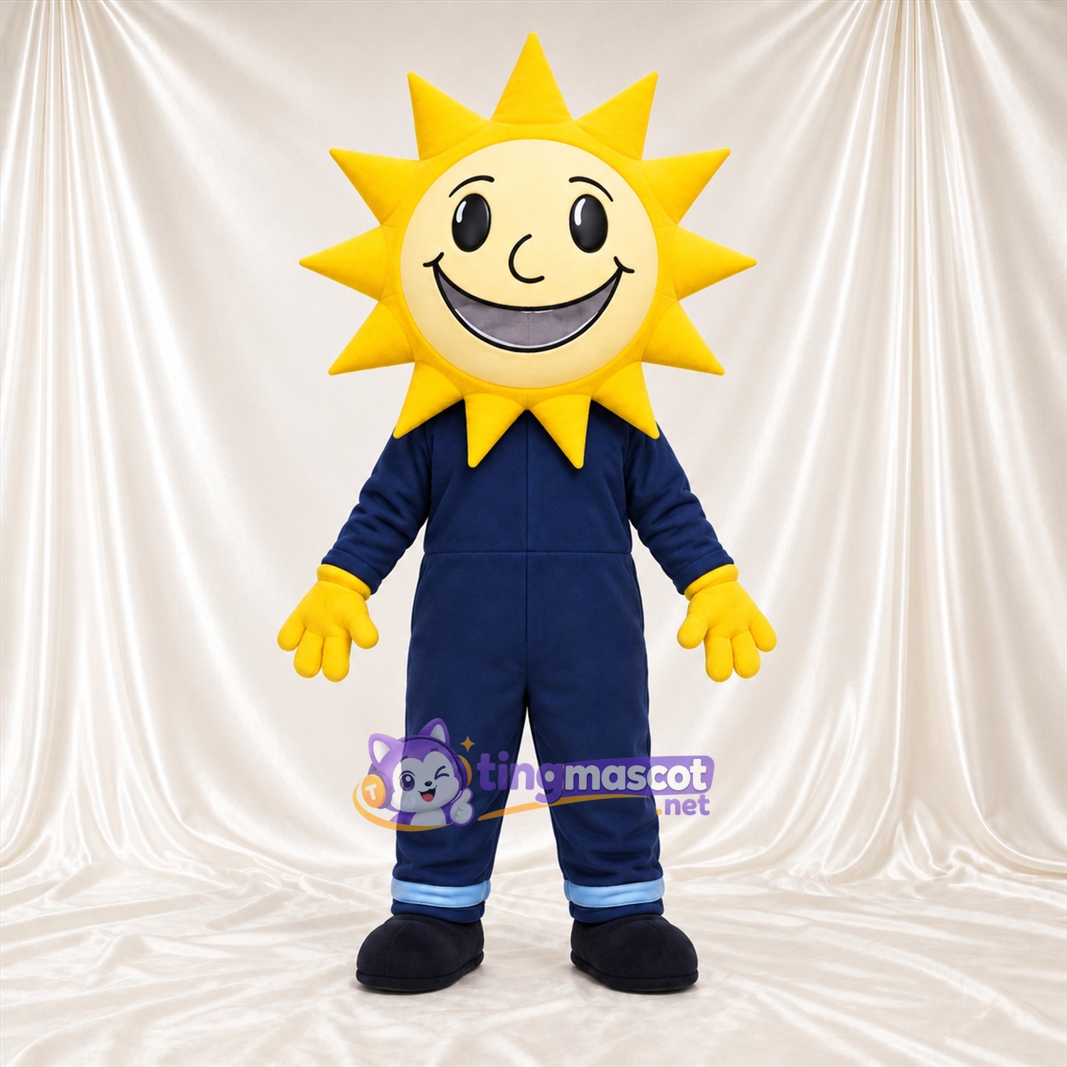 Costume de mascotte Soleil – jaune – Combinaison (bleu marine) Costume de mascotte Soleil – jaune – Combinaison (bleu marine)