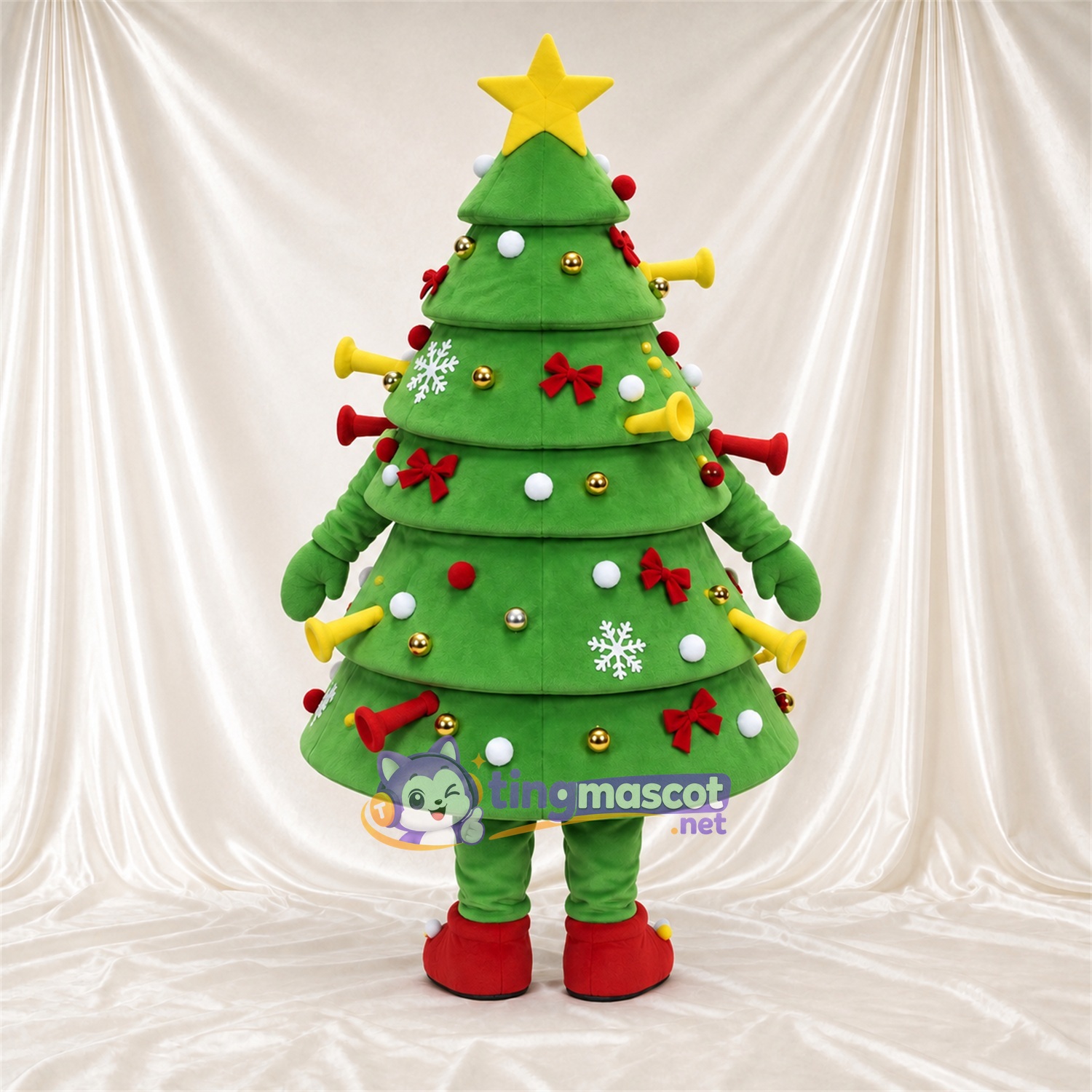 Maskottchenkostüm Weihnachtsbaum – grün – Stern (gelb); Verzierungen