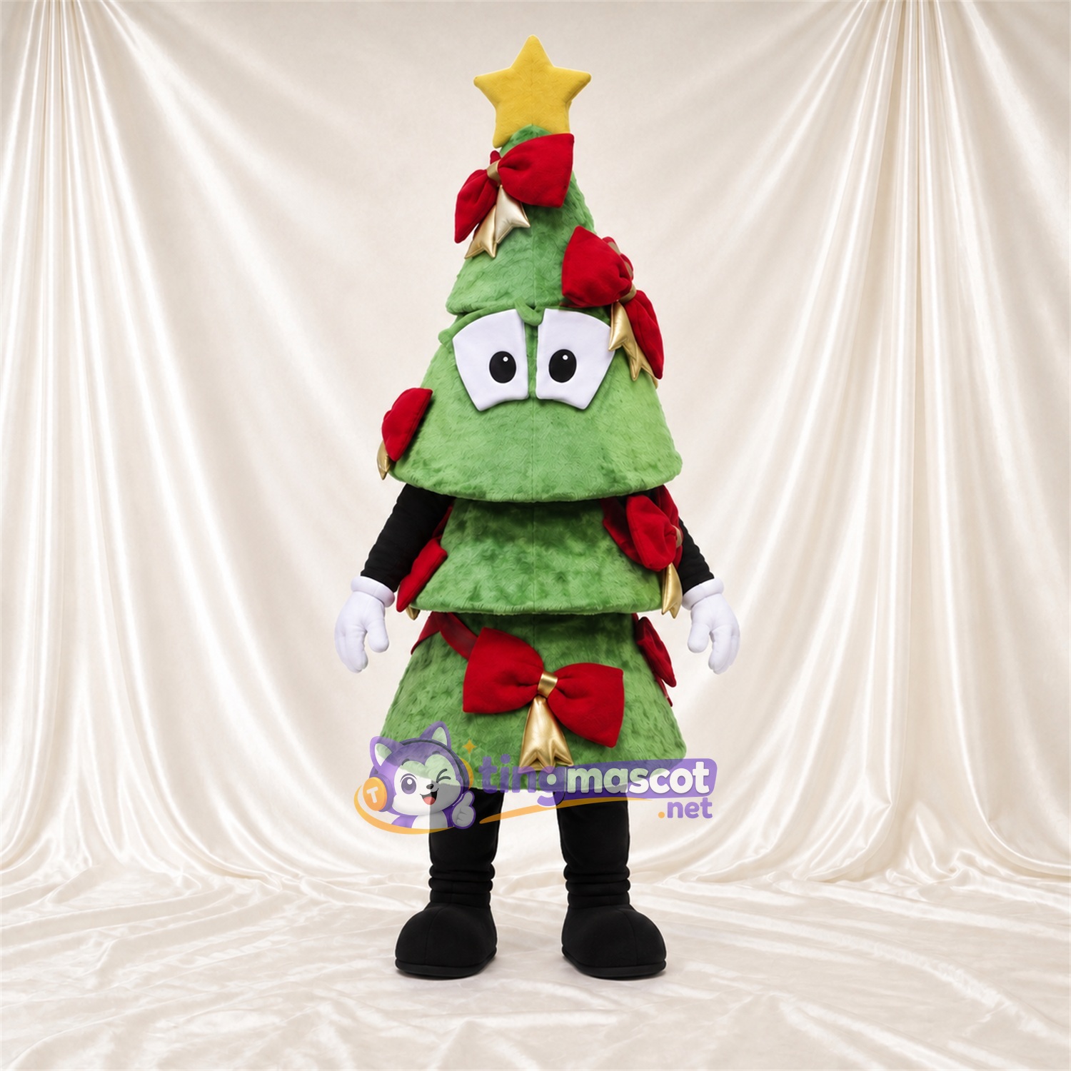 Maskottchenkostüm Weihnachtsbaum – grün – Stern (gelb); Schleifen (rot) Maskottchenkostüm Weihnachtsbaum – grün – Stern (gelb); Schleifen (rot)