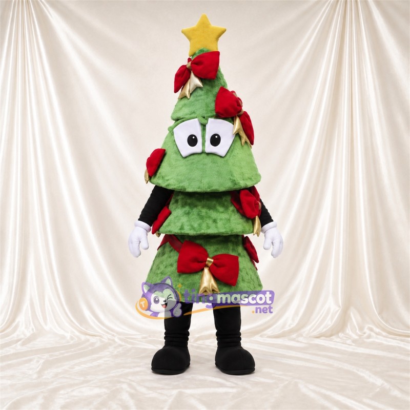Maskottchenkostüm Weihnachtsbaum – grün – Stern (gelb); Schleifen (rot)