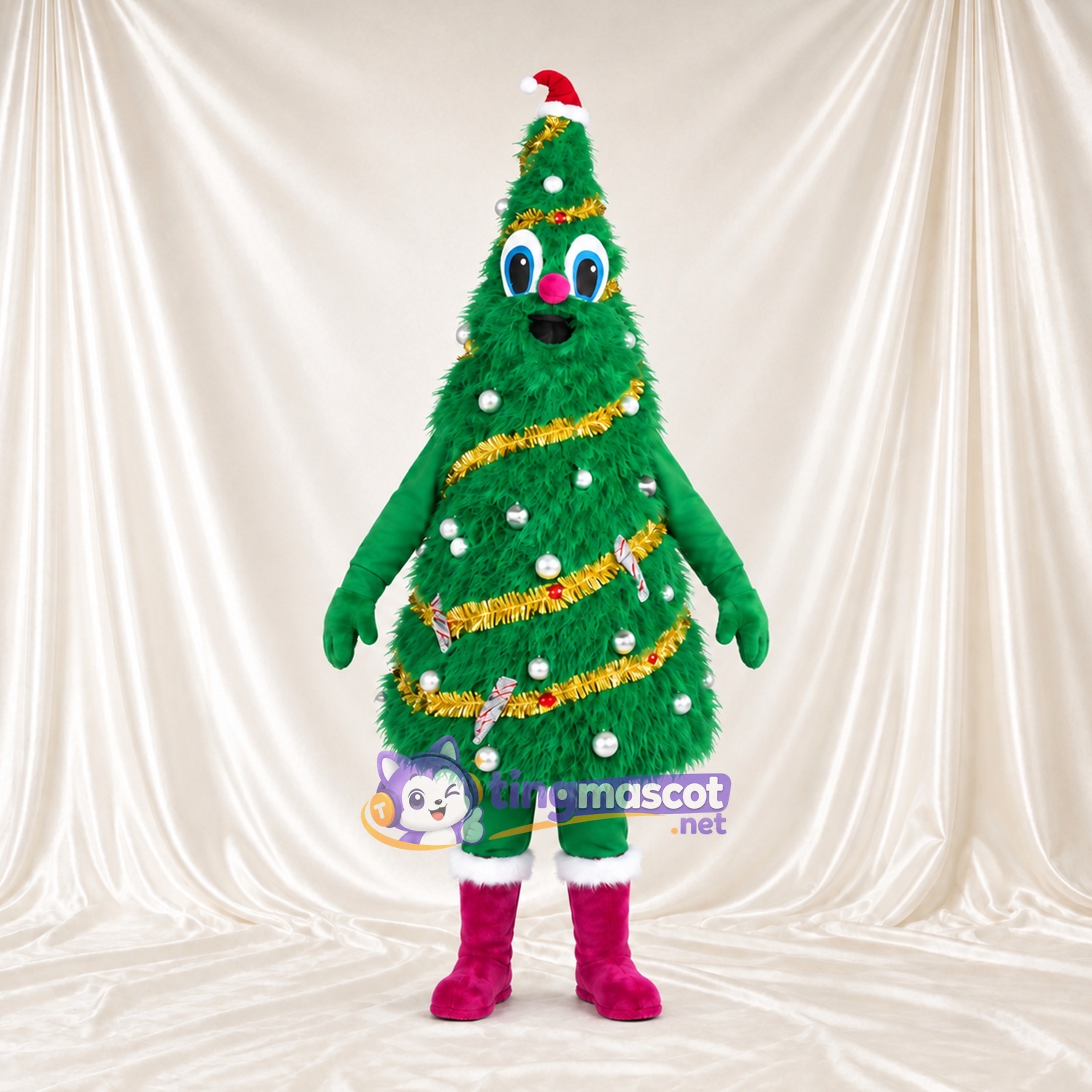 Costume de mascotte Sapin de Noël – vert – Bonnet de Noël; Guirlande (doré) Costume de mascotte Sapin de Noël – vert – Bonnet de Noël; Guirlande (doré)
