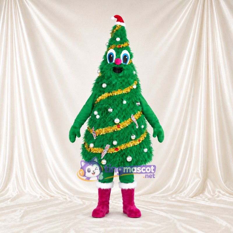 Costume de mascotte Sapin de Noël – vert – Bonnet de Noël; Guirlande (doré) Costume de mascotte Sapin de Noël – vert – Bonnet de Noël; Guirlande (doré)