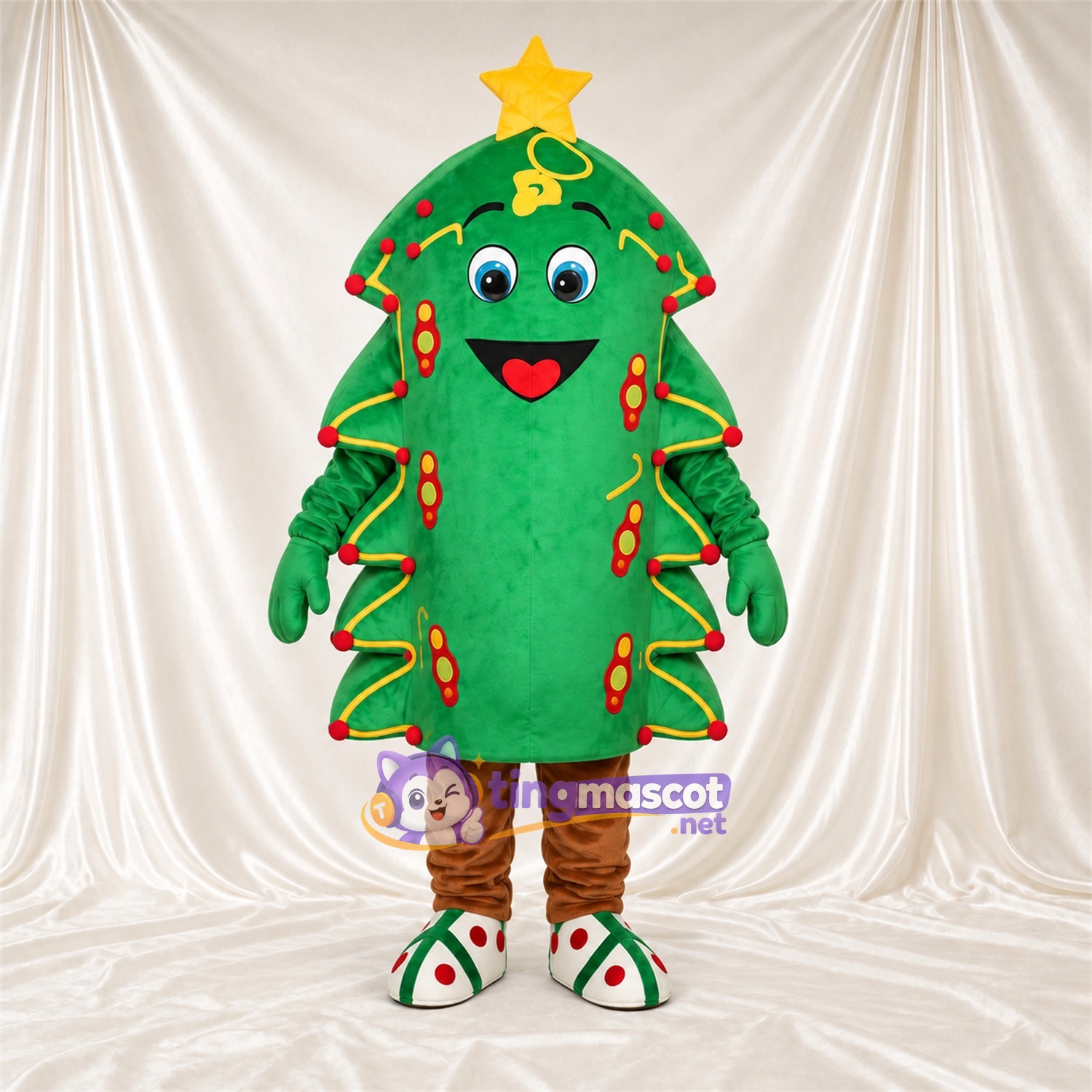 Maskottchenkostüm Weihnachtsbaum – grün – Stern (gelb); Lichtermuster Maskottchenkostüm Weihnachtsbaum – grün – Stern (gelb); Lichtermuster