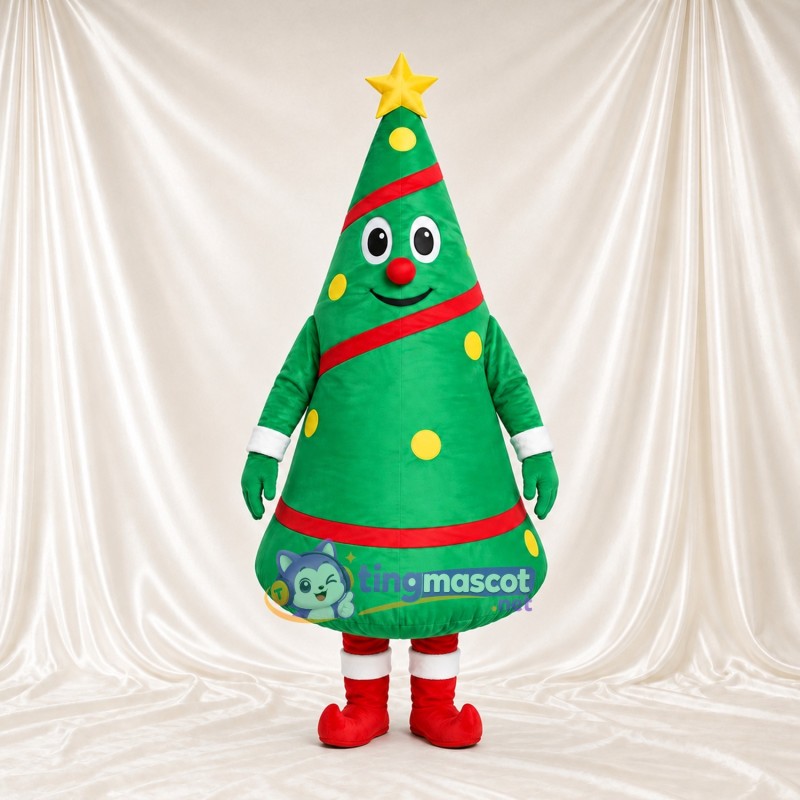 Maskottchenkostüm Weihnachtsbaum – grün – Stern (gelb); Band (rot) Maskottchenkostüm Weihnachtsbaum – grün – Stern (gelb); Band (rot)