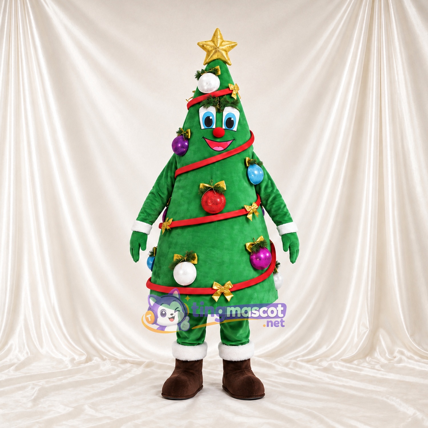 Green Christmas Tree Mascot Costume - Gold Star and Ornaments Green Christmas Tree Mascot Costume - Gold Star and Ornaments
