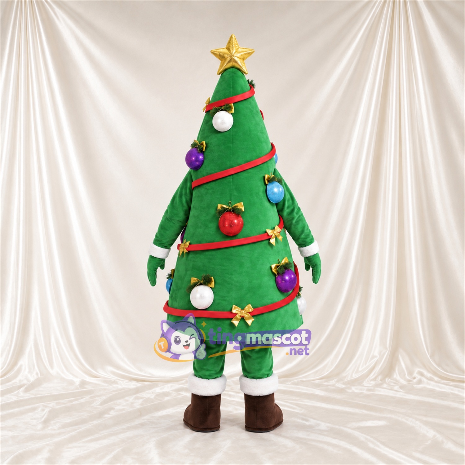 Green Christmas Tree Mascot Costume - Gold Star and Ornaments Green Christmas Tree Mascot Costume - Gold Star and Ornaments