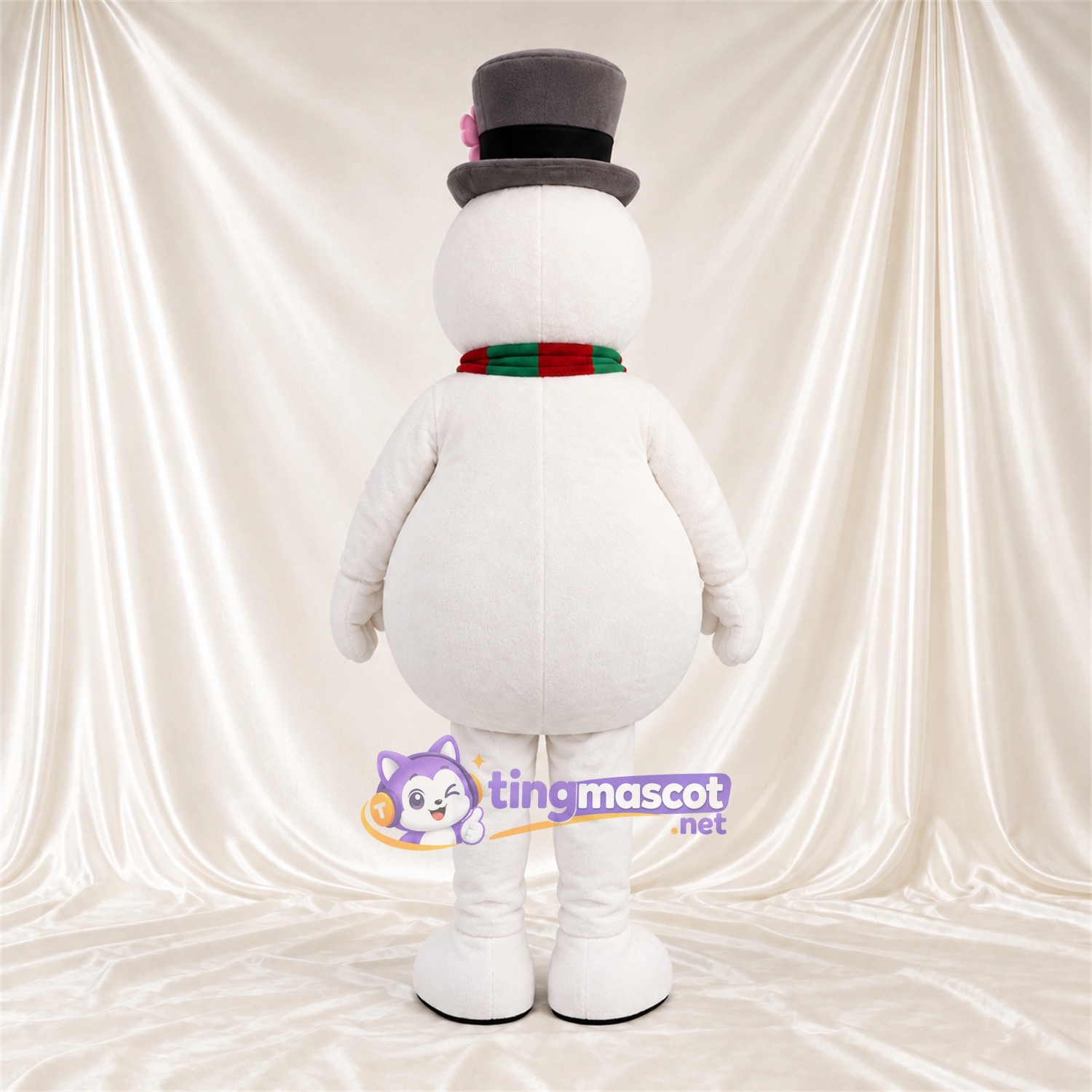 Costume de mascotte Bonhomme de neige – blanc – Haut-de-forme (noir); Écharpe Costume de mascotte Bonhomme de neige – blanc – Haut-de-forme (noir); Écharpe