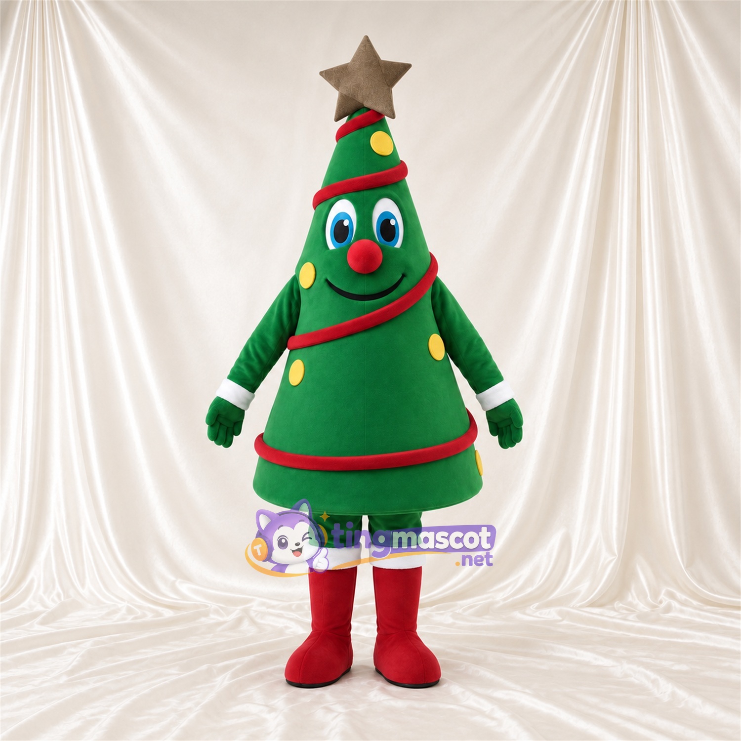Green Christmas Tree Mascot Costume - Gold Star and Red Ribbon Green Christmas Tree Mascot Costume - Gold Star and Red Ribbon