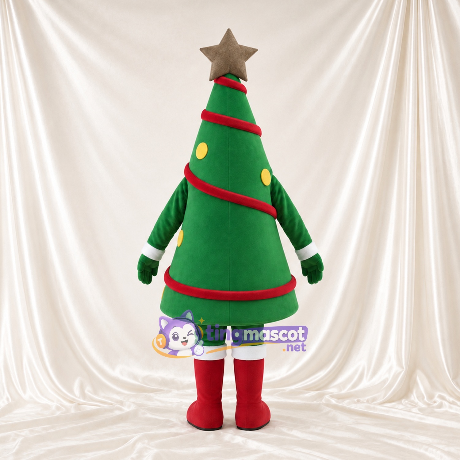 Green Christmas Tree Mascot Costume - Gold Star and Red Ribbon Green Christmas Tree Mascot Costume - Gold Star and Red Ribbon