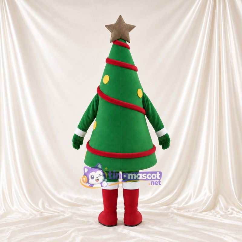 Green Christmas Tree Mascot Costume - Gold Star and Red Ribbon Green Christmas Tree Mascot Costume - Gold Star and Red Ribbon
