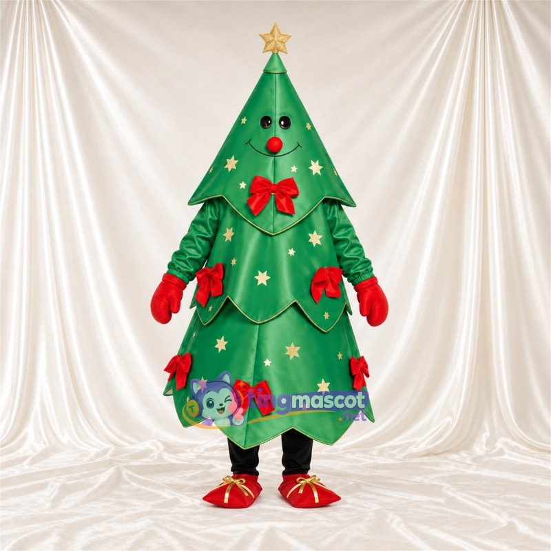 Green Christmas Tree Mascot Costume - Gold Star and Red Bows Green Christmas Tree Mascot Costume - Gold Star and Red Bows