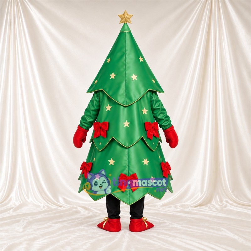 Green Christmas Tree Mascot Costume - Gold Star and Red Bows Green Christmas Tree Mascot Costume - Gold Star and Red Bows