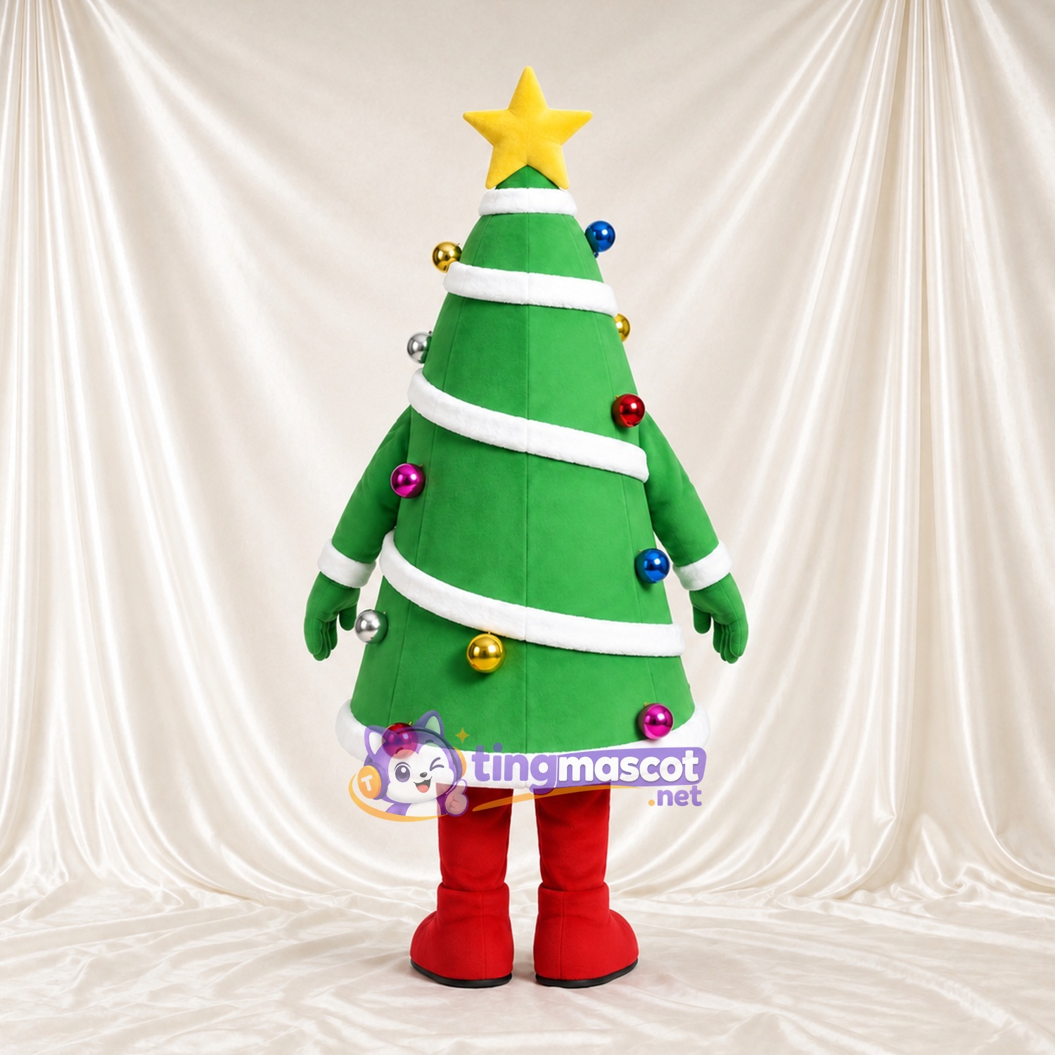 Maskottchenkostüm Weihnachtsbaum – grün – Stern (gelb); Girlande (weiß) Maskottchenkostüm Weihnachtsbaum – grün – Stern (gelb); Girlande (weiß)