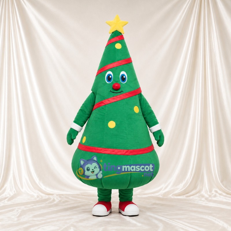 Maskottchenkostüm Weihnachtsbaum – grün – Stern (gelb); Band (rot) Maskottchenkostüm Weihnachtsbaum – grün – Stern (gelb); Band (rot)