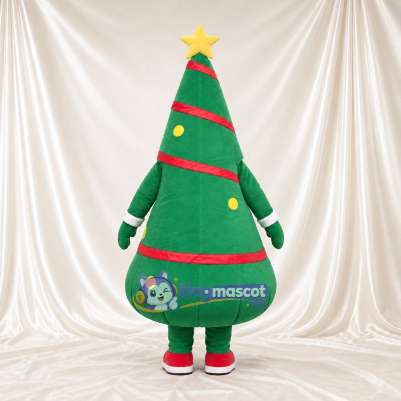 Maskottchenkostüm Weihnachtsbaum – grün – Stern (gelb); Band (rot) Maskottchenkostüm Weihnachtsbaum – grün – Stern (gelb); Band (rot)