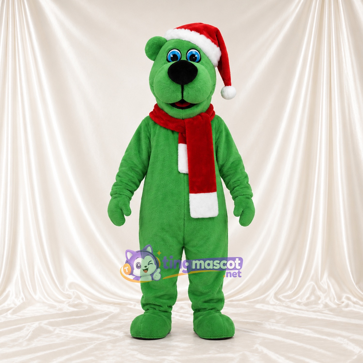 Green Bear Mascot Costume - Santa Hat and Red Scarf Green Bear Mascot Costume - Santa Hat and Red Scarf