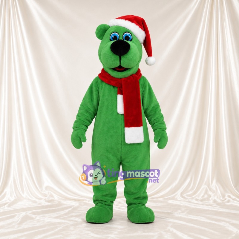 Green Bear Mascot Costume - Santa Hat and Red Scarf Green Bear Mascot Costume - Santa Hat and Red Scarf