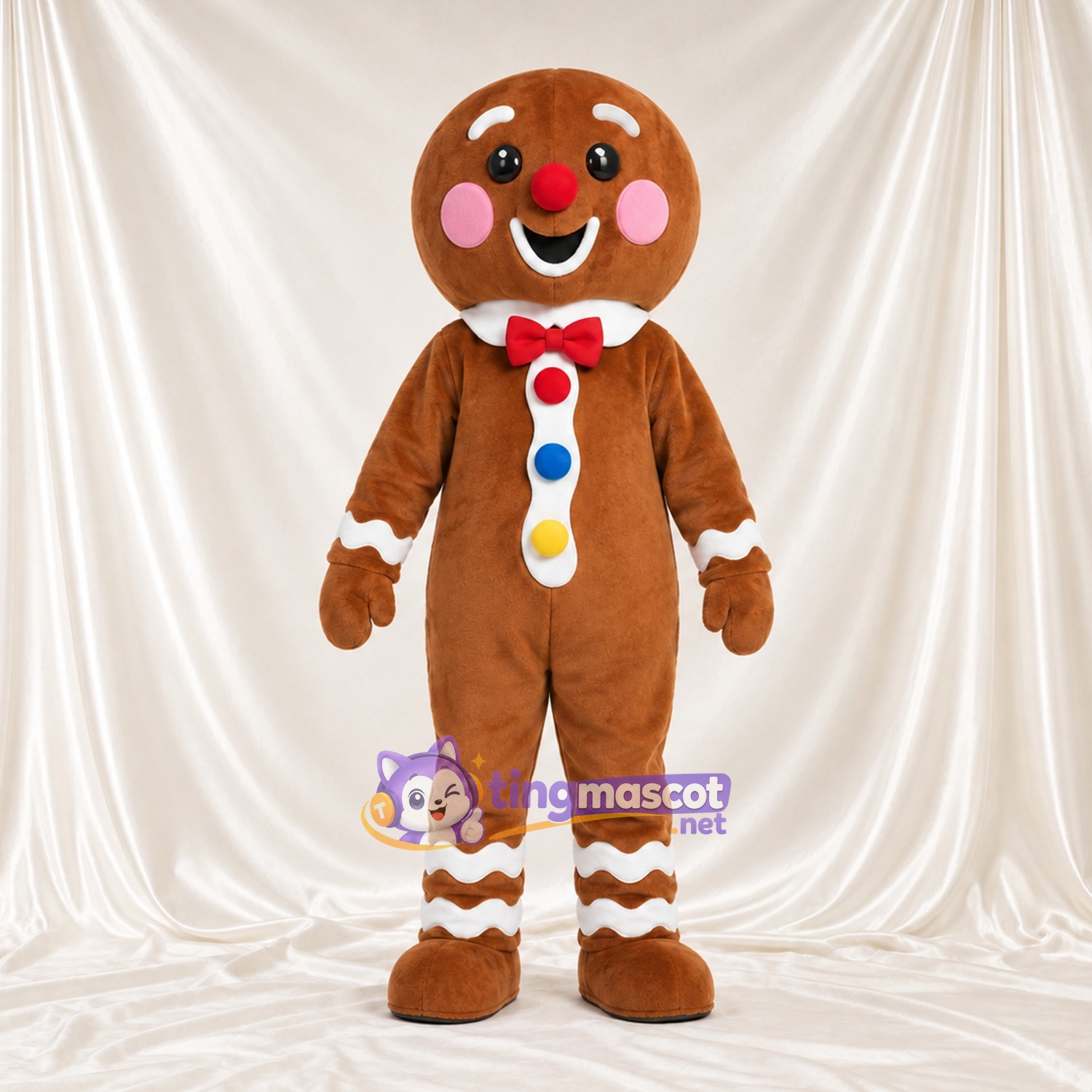 Costume de mascotte Bonhomme en pain d’épices – marron – Nœud papillon (rouge); Boutons Costume de mascotte Bonhomme en pain d’épices – marron – Nœud papillon (rouge); Boutons