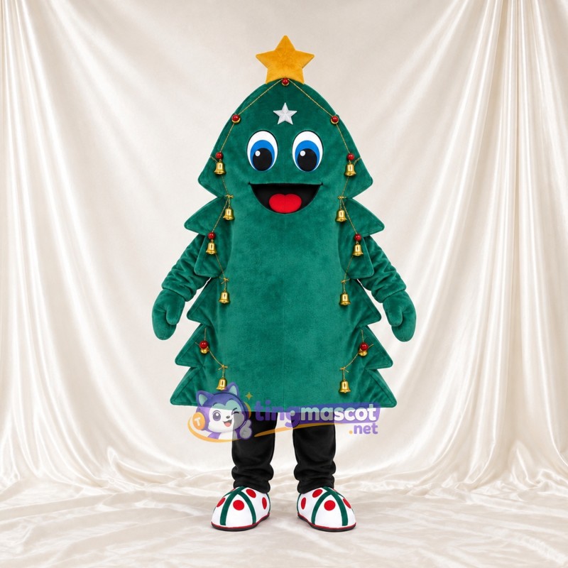 Green Christmas Tree Mascot Costume - Gold Star and Bell Ornaments Green Christmas Tree Mascot Costume - Gold Star and Bell Ornaments