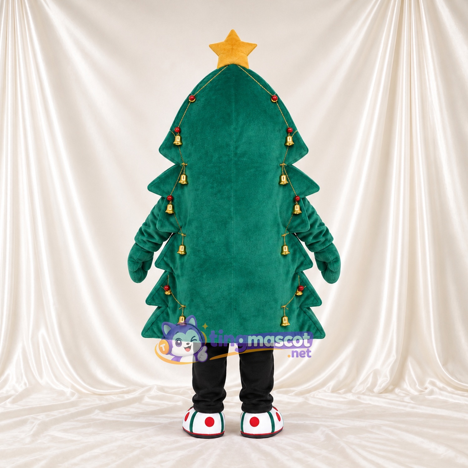 Green Christmas Tree Mascot Costume - Gold Star and Bell Ornaments Green Christmas Tree Mascot Costume - Gold Star and Bell Ornaments