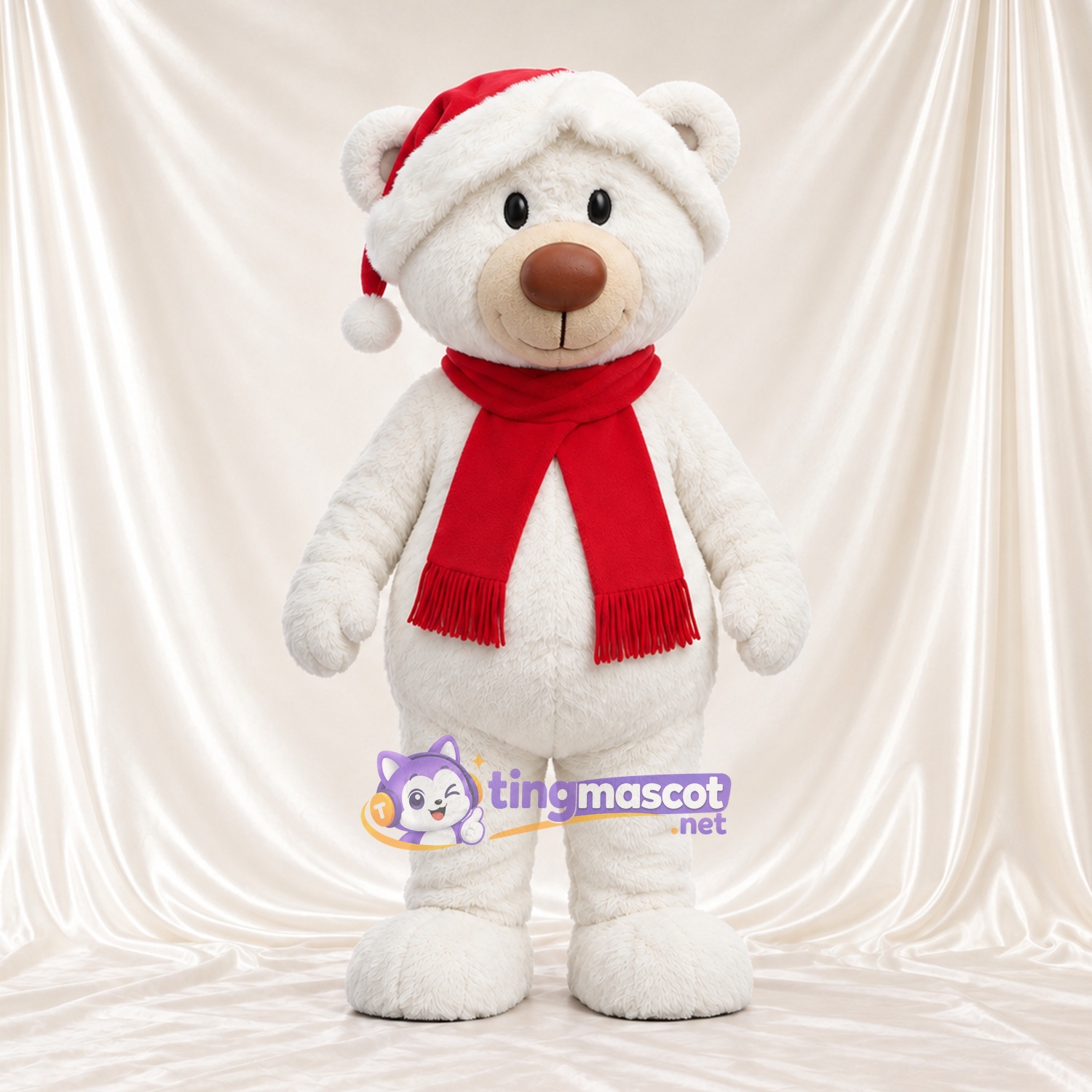 White Polar Bear Mascot Costume - Santa Hat and Red Scarf, Round Belly and Brown Nose White Polar Bear Mascot Costume - Santa Hat and Red Scarf, Round Belly and Brown Nose