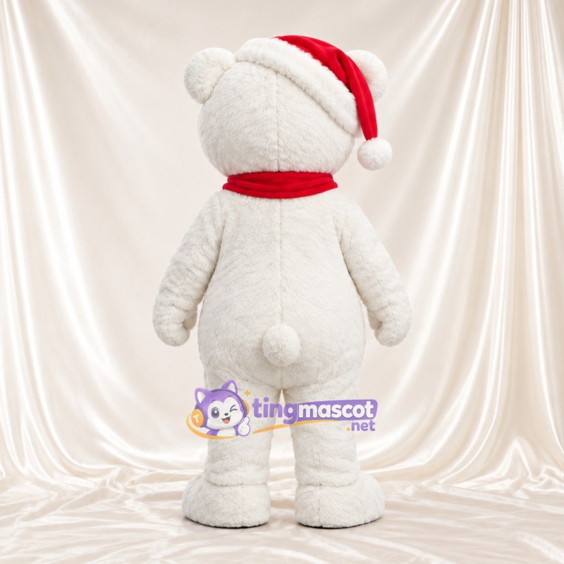 White Polar Bear Mascot Costume - Santa Hat and Red Scarf, Round Belly and Brown Nose White Polar Bear Mascot Costume - Santa Hat and Red Scarf, Round Belly and Brown Nose