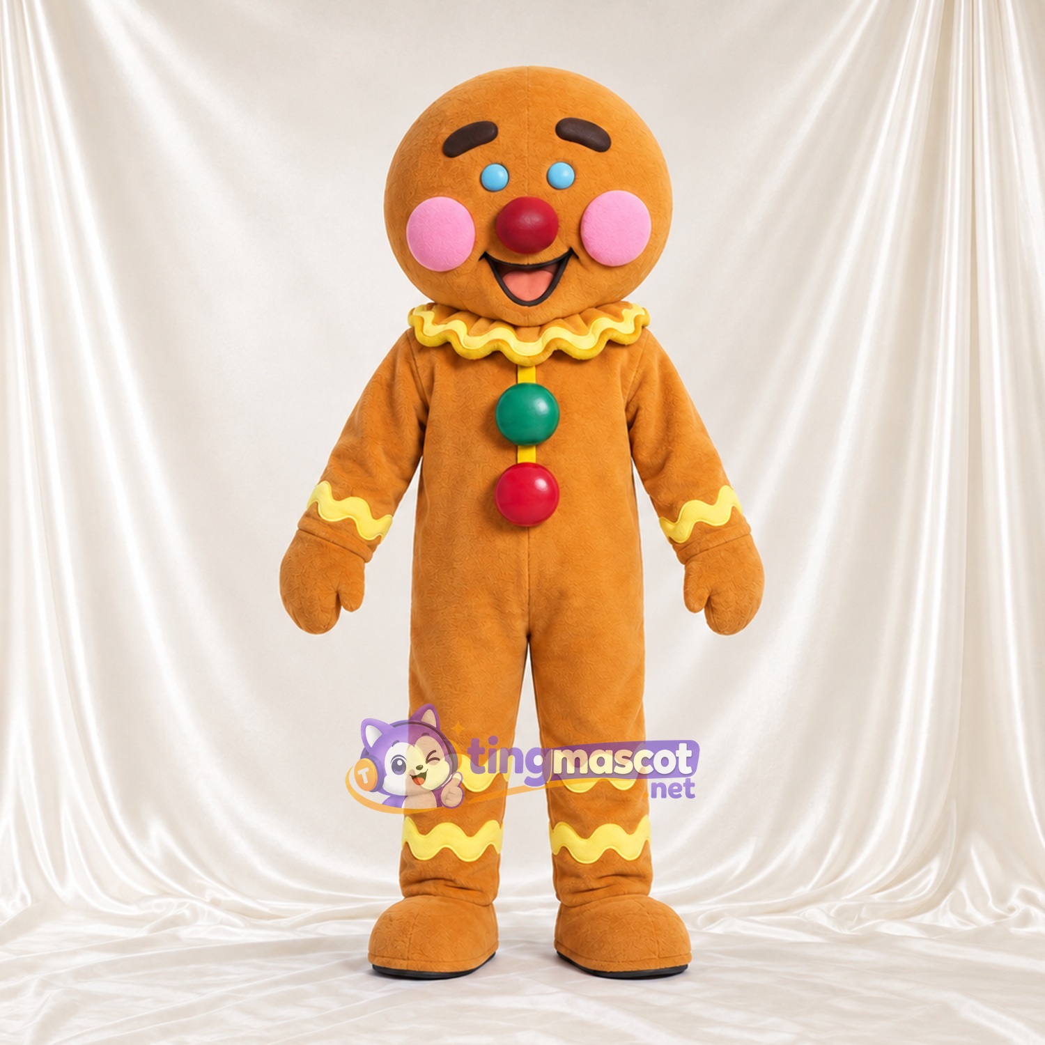Brown Gingerbread Man Mascot Costume - Colorful Buttons Brown Gingerbread Man Mascot Costume - Colorful Buttons