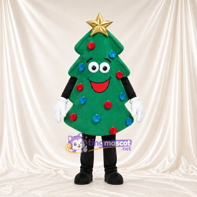 Green Christmas Tree Mascot Costume - Gold Star and Colorful Ornaments Green Christmas Tree Mascot Costume - Gold Star and Colorful Ornaments