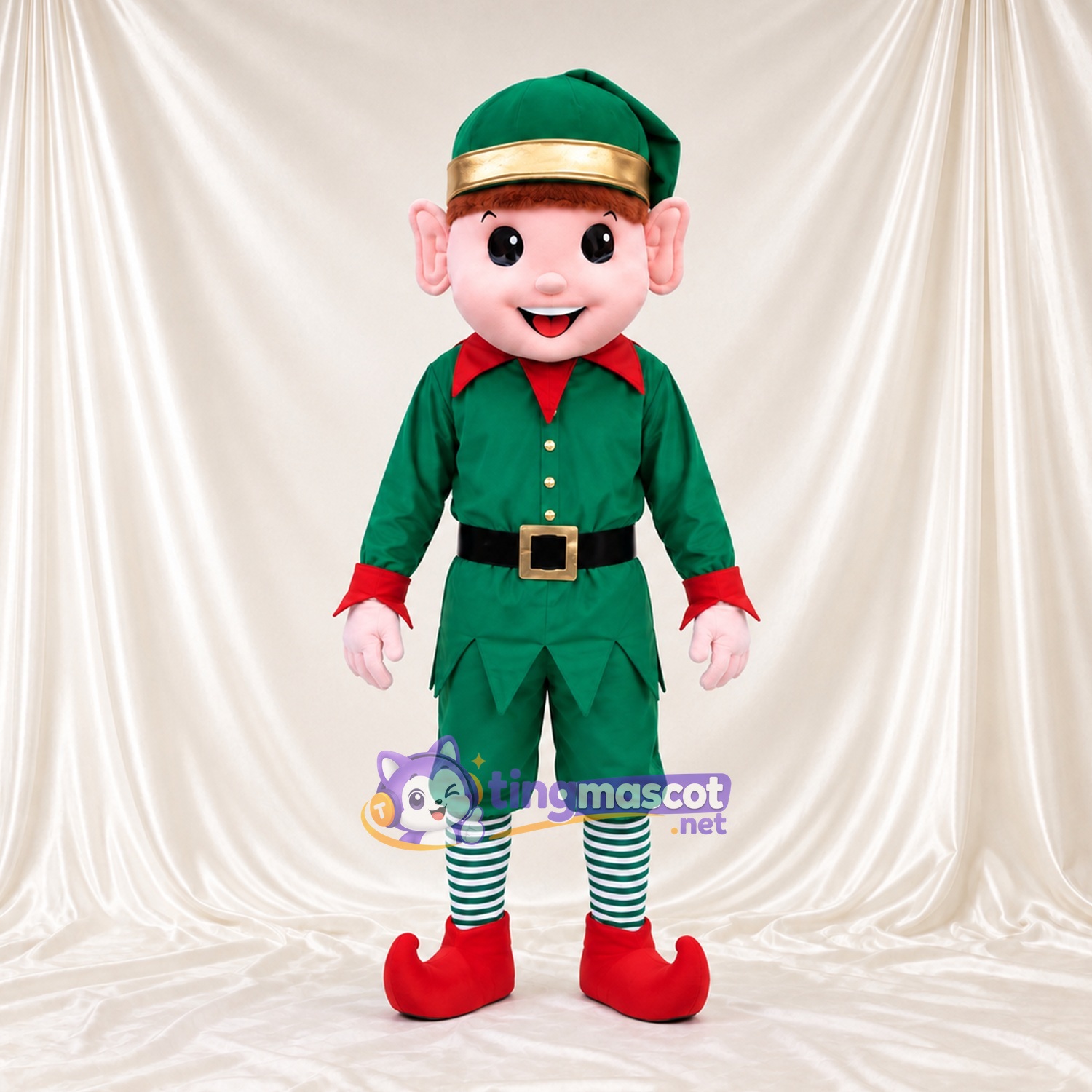 Christmas Elf Mascot Costume - Green Outfit and Striped Socks Christmas Elf Mascot Costume - Green Outfit and Striped Socks
