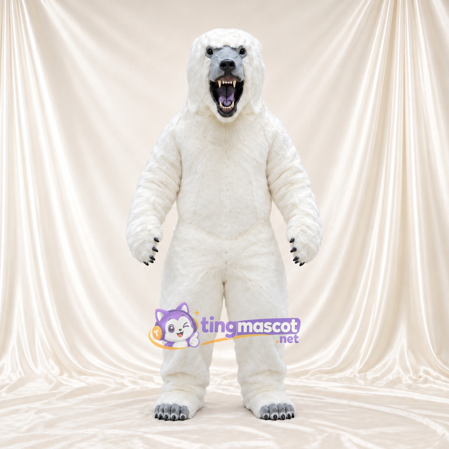 Maskottchenkostüm Eisbär – weiß – Pfotenballen (grau); Spitze Fangzähne Maskottchenkostüm Eisbär – weiß – Pfotenballen (grau); Spitze Fangzähne