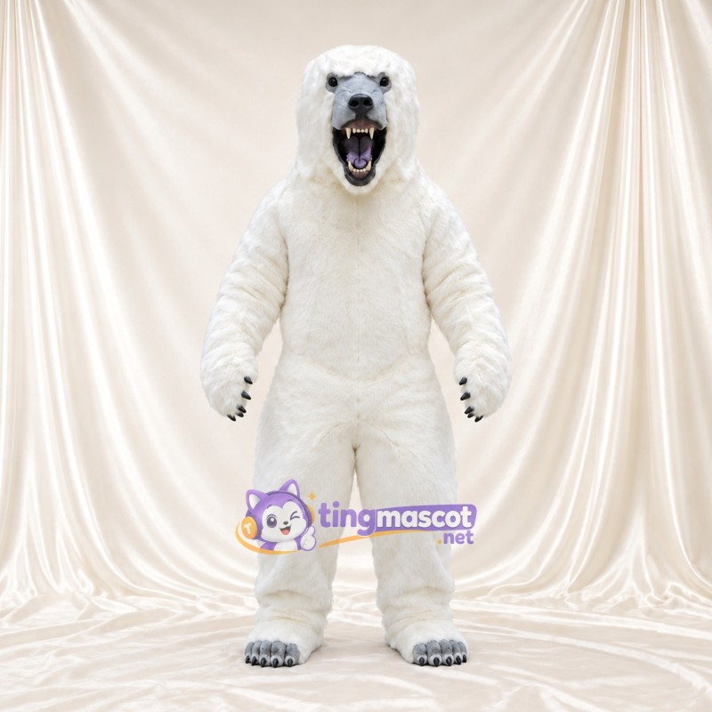 Maskottchenkostüm Eisbär – weiß – Pfotenballen (grau); Spitze Fangzähne Maskottchenkostüm Eisbär – weiß – Pfotenballen (grau); Spitze Fangzähne