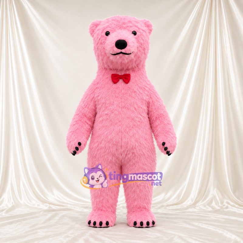 Maskottchenkostüm Bär – rosa – Fliege (rot) Maskottchenkostüm Bär – rosa – Fliege (rot)