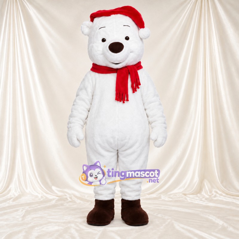 White Polar Bear Mascot Costume - Santa Hat and Red Scarf, Brown Feet and Closed Eyes White Polar Bear Mascot Costume - Santa Hat and Red Scarf, Brown Feet and Closed Eyes